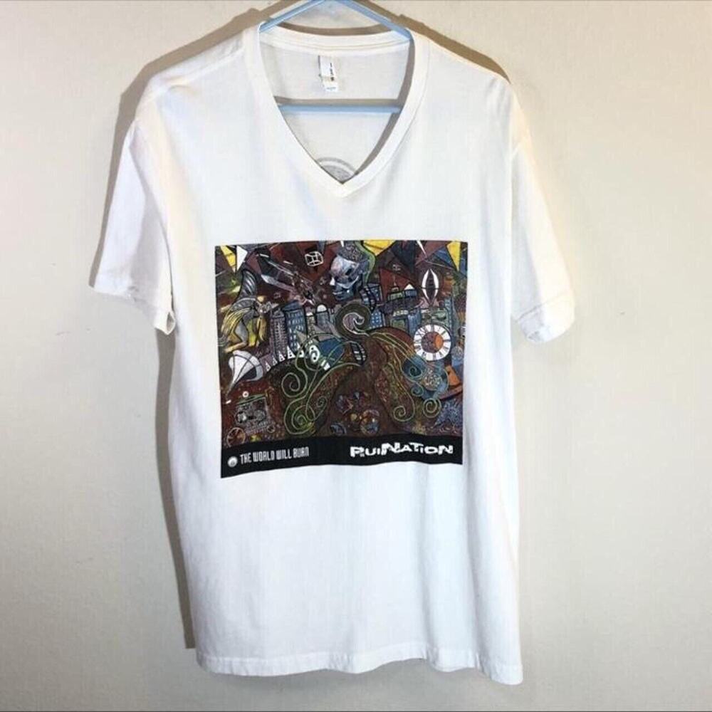 Next Level Apparel Size Large Ruination World Will Burn Art Graphic Shirt White
